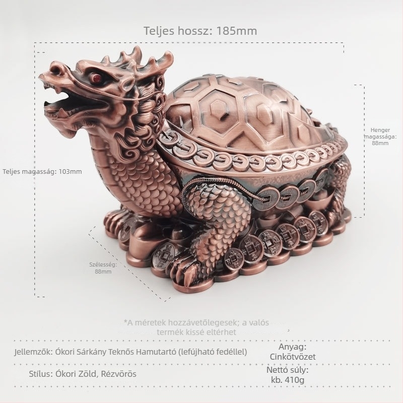 Fém dohányzó hamutál fedővel, dragon-teknős motívummal, antik stílusban