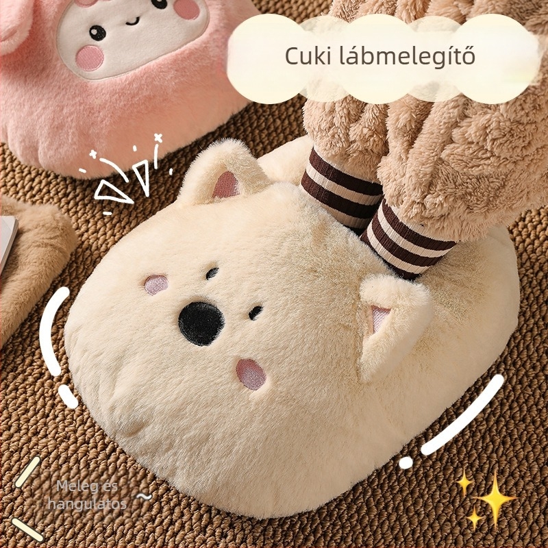 Yi Han USB-meghajtású fűtő papucs, plüss felsőrész, uniszex, műanyag talp, karikatúra stílus