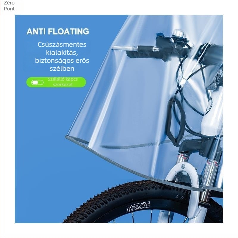 Egy személyes kerékpáros poncsó MTB- és elektromos kerékpárhoz, megvastított és megnövelt, teljesen átlátszó