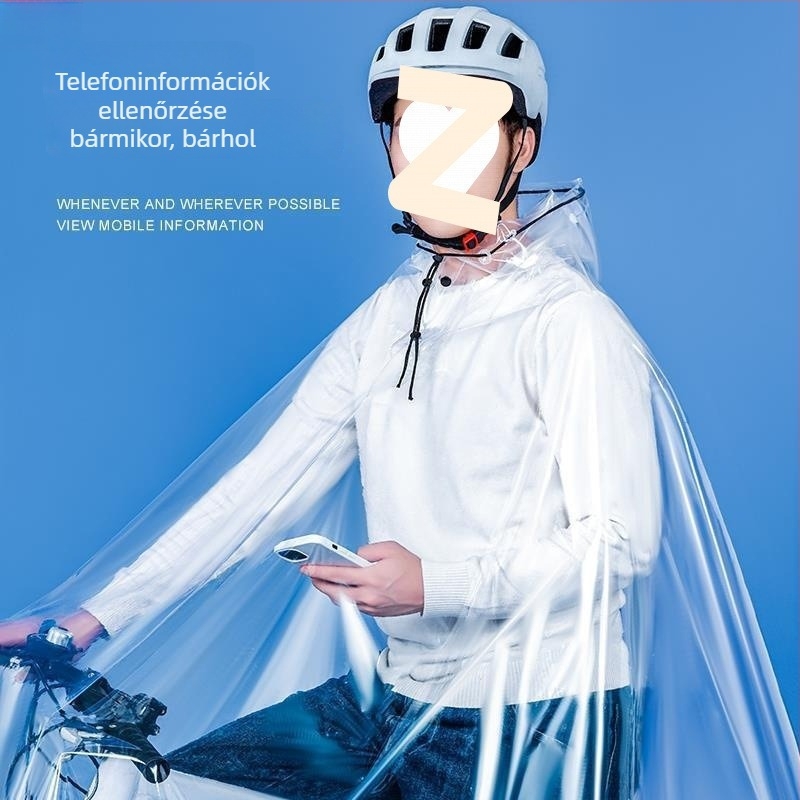 Egy személyes kerékpáros poncsó MTB- és elektromos kerékpárhoz, megvastított és megnövelt, teljesen átlátszó