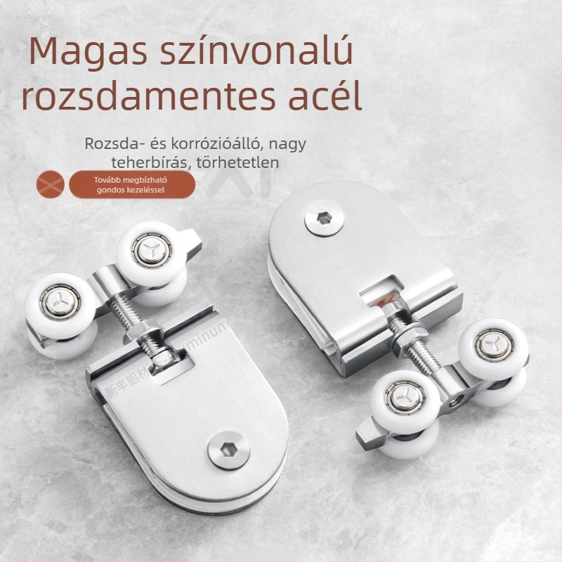 Üvegajtó görgő csúszó ajtókhoz, test rozsdamentes acél, 8 mm-es kötélbarázda, külső csipesz átmérő 5-9 mm, négyzetes vagy kör alakú modell, maximális teherbírás 175 kg