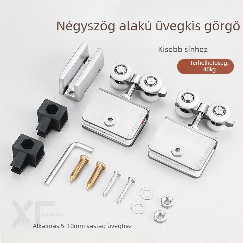 Üvegajtó görgő csúszó ajtókhoz, test rozsdamentes acél, 8 mm-es kötélbarázda, külső csipesz átmérő 5-9 mm, négyzetes vagy kör alakú modell, maximális teherbírás 175 kg