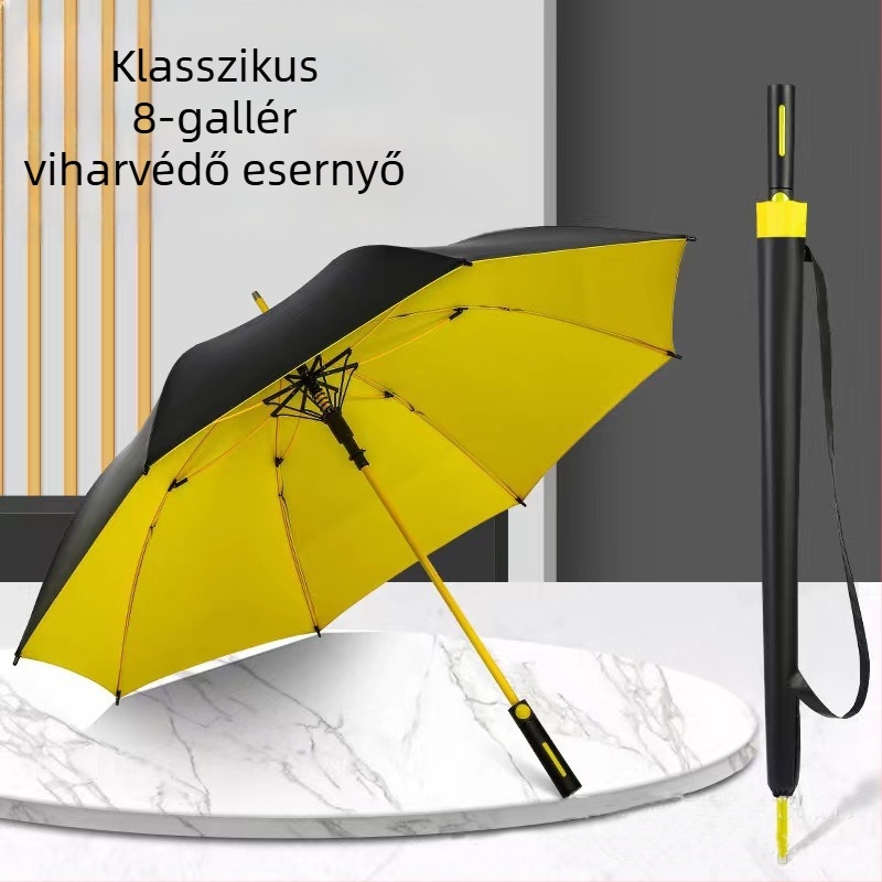 Golf esernyő egyenes rostos nyele, 8 bordás vázzal (automatikus nyitás, logónyomás, UPF 50+ napvédelem)