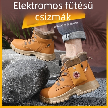 Férfiak számára melegített biztonsági cipő USB fűtéssel, ütésálló és szúrásálló védelemmel, kültéri hócsizma, műbőr felsőrész, gumitalp