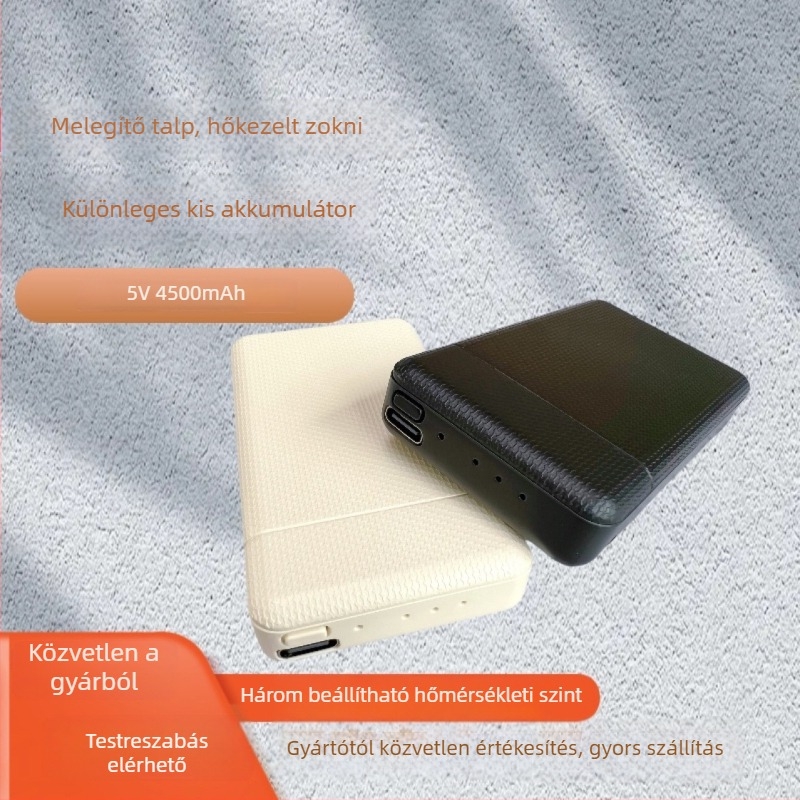 Fűtő talptalpok lábbelikhez, háromfokozat hőmérséklet-szabályozás, 4500mAh nagy kapacitású akkumulátor, USB tápegység, velúr borítású felső rész, uniszex