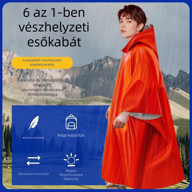 Esőponcsó túrázáshoz és kempingezéshez – sürgősségi hipotermia elleni védelem, vastag anyagú esőruha, modern minimalista stílus
