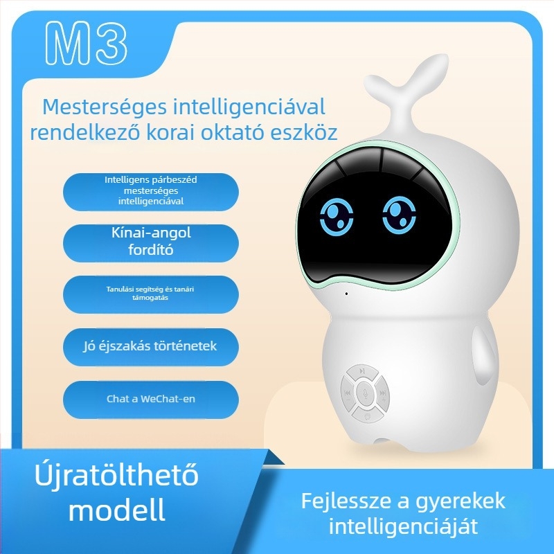 Gyermekek számára készült oktató robot – interaktív tanuló gép zenével/hanggal, mobilalkalmazással, ABS tokozás, modell M9, 4–6 éveseknek
