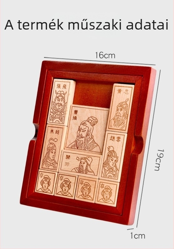 Fából készült síkpuzzle stresszoldáshoz: Three Kingdoms Huarong Road, csúszó puzzle, anyag: fa, korosztály 7–14 év, nehézség közepes