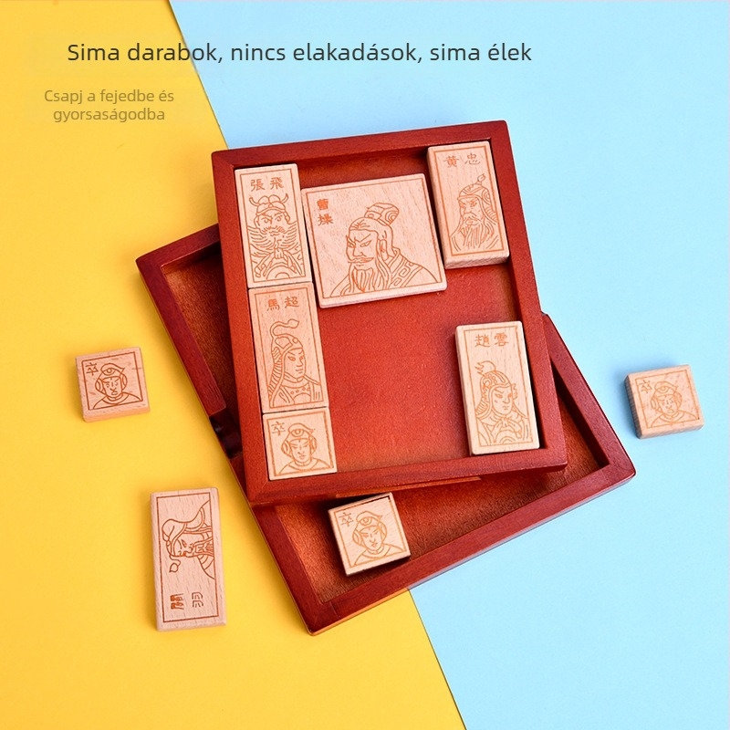 Fából készült síkpuzzle stresszoldáshoz: Three Kingdoms Huarong Road, csúszó puzzle, anyag: fa, korosztály 7–14 év, nehézség közepes