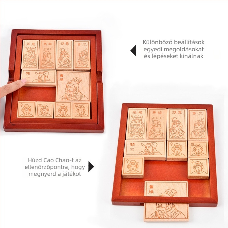 Fából készült síkpuzzle stresszoldáshoz: Three Kingdoms Huarong Road, csúszó puzzle, anyag: fa, korosztály 7–14 év, nehézség közepes