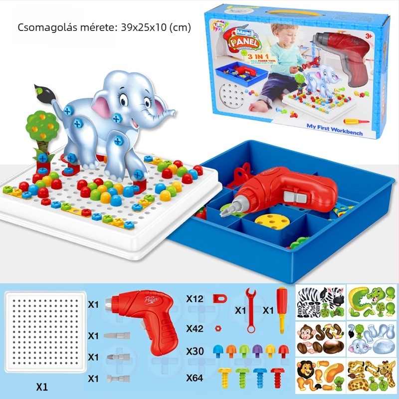 Gyerekeknek szánt elektromos fúró-játék — puzzle csavarokkal és építőblokkokkal DIY (Anyag: Műanyag, Funkció: Elektronikus, Korosztály: 4–6 év, DIY, Logó testreszabás)