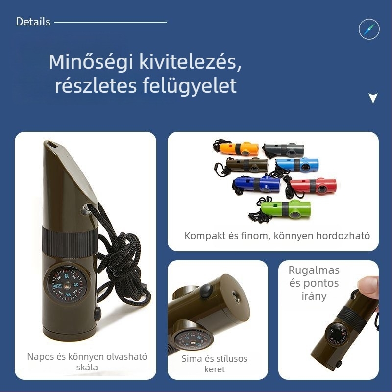 7-in-1 kültéri síp túrázásra és kempingezéshez, iránytűvel, nagyítóval és hőmérővel | ABS | Lesen