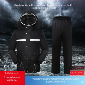 Felnőtt reflektoros split esőkabát és esőnadrág szett kültéri szolgálathoz, vízálló réteg PVC ragasztóval, anyagvastagság 0,23 mm, Juyi Rain