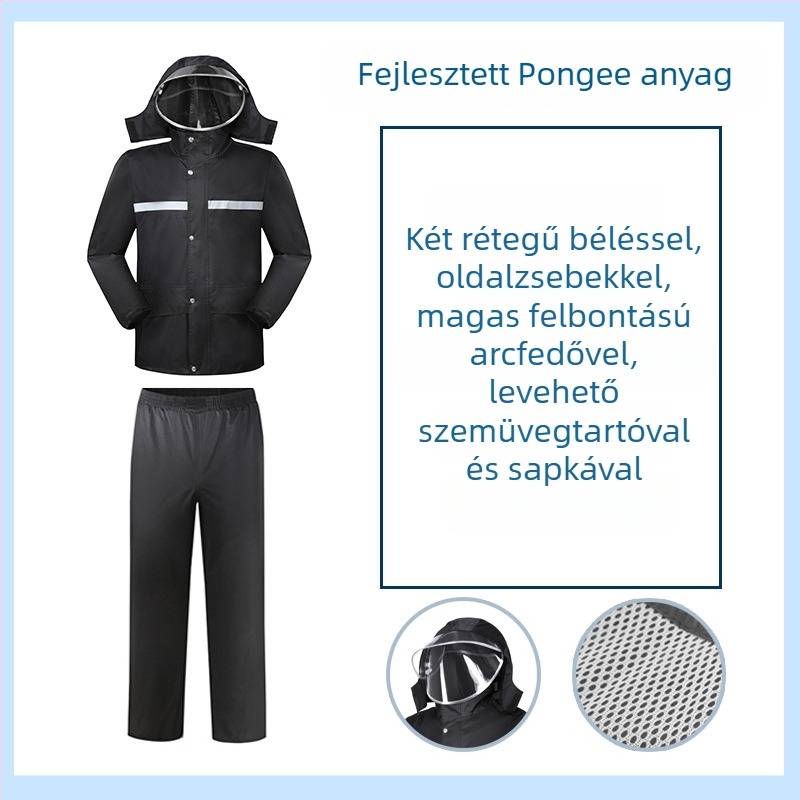 Felnőtt reflektoros split esőkabát és esőnadrág szett kültéri szolgálathoz, vízálló réteg PVC ragasztóval, anyagvastagság 0,23 mm, Juyi Rain