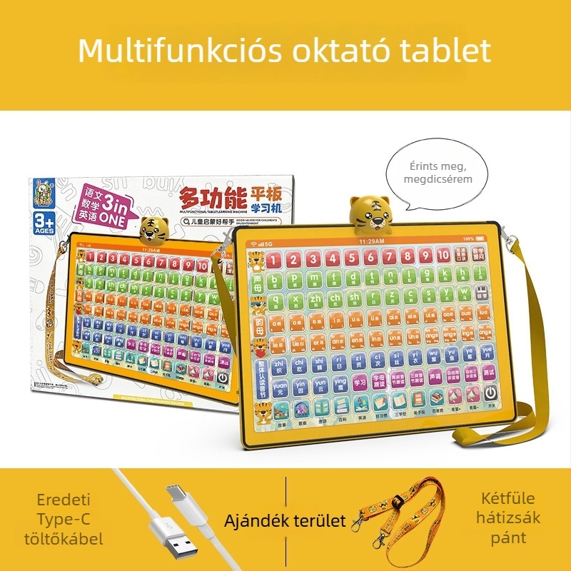 Korai neveléshez tervezett tanulótablet: Nyelv-, matematikai és angol nyelvi kiadás, érintőképernyő, újratölthető akkumulátor, zenelejátszás, műanyag ház