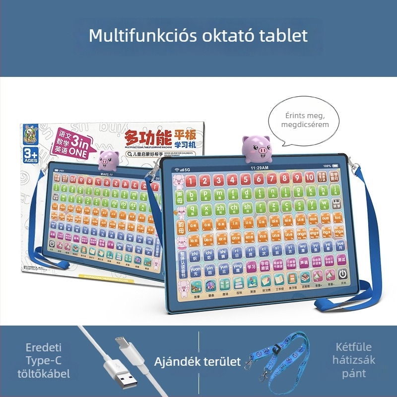 Korai neveléshez tervezett tanulótablet: Nyelv-, matematikai és angol nyelvi kiadás, érintőképernyő, újratölthető akkumulátor, zenelejátszás, műanyag ház