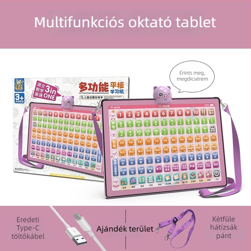 Korai neveléshez tervezett tanulótablet: Nyelv-, matematikai és angol nyelvi kiadás, érintőképernyő, újratölthető akkumulátor, zenelejátszás, műanyag ház
