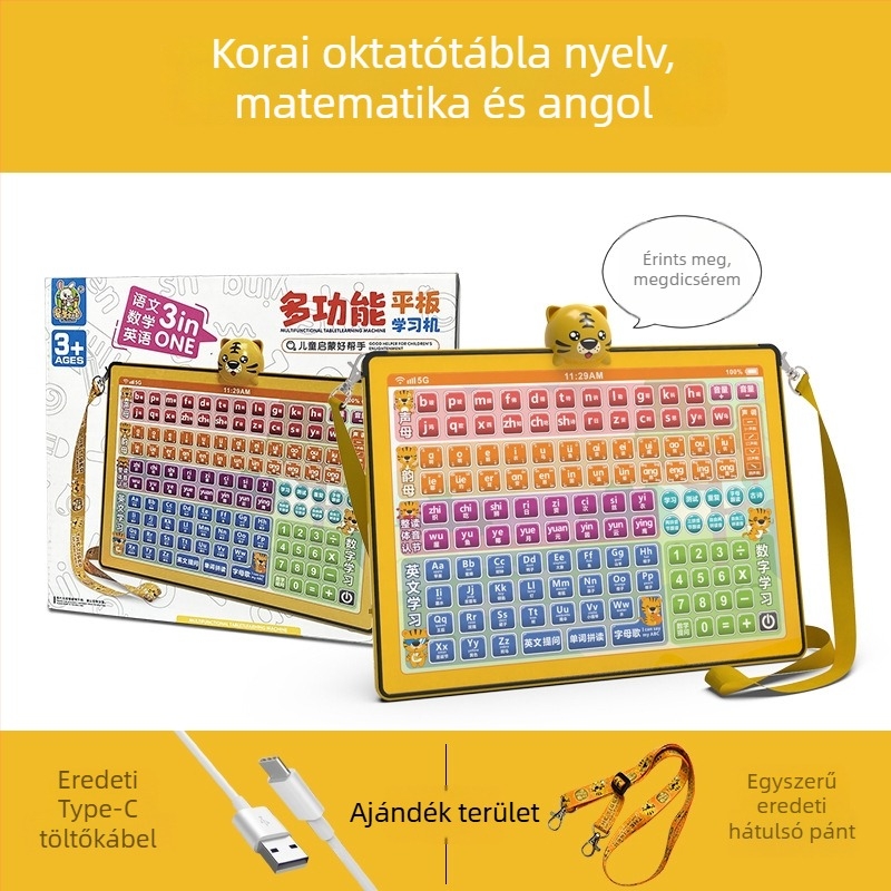 Korai neveléshez tervezett tanulótablet: Nyelv-, matematikai és angol nyelvi kiadás, érintőképernyő, újratölthető akkumulátor, zenelejátszás, műanyag ház