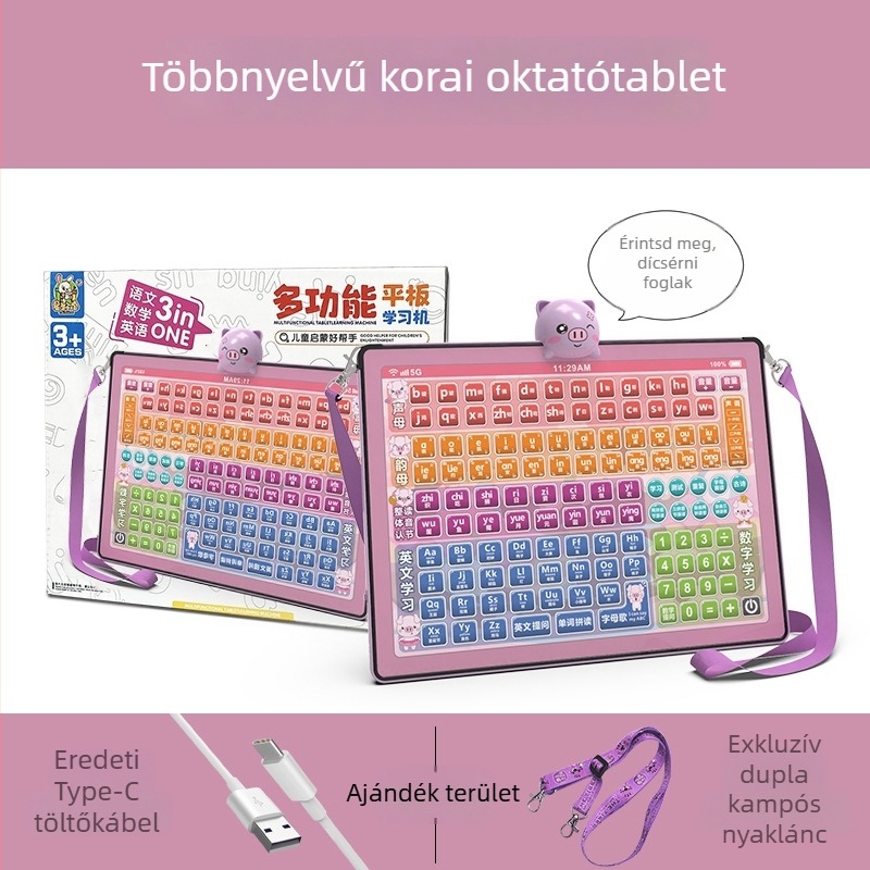 Korai neveléshez tervezett tanulótablet: Nyelv-, matematikai és angol nyelvi kiadás, érintőképernyő, újratölthető akkumulátor, zenelejátszás, műanyag ház