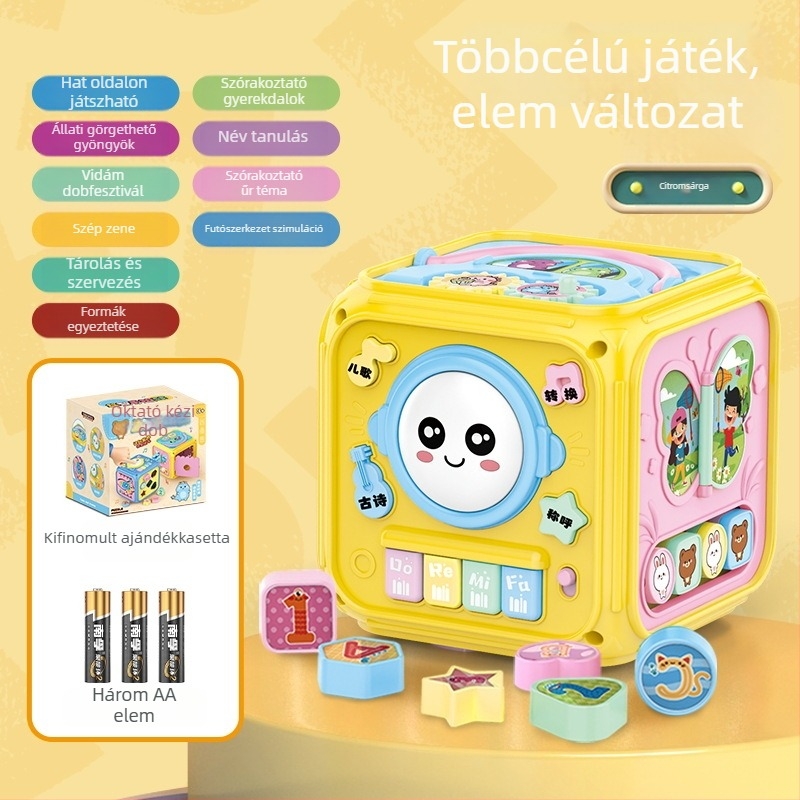 Baba zenés kézcsapkodó dobjáték – hatszögletű forma, műanyagból, Li-ion akkumulátorral működik, korai oktatás, 0–3 éveseknek