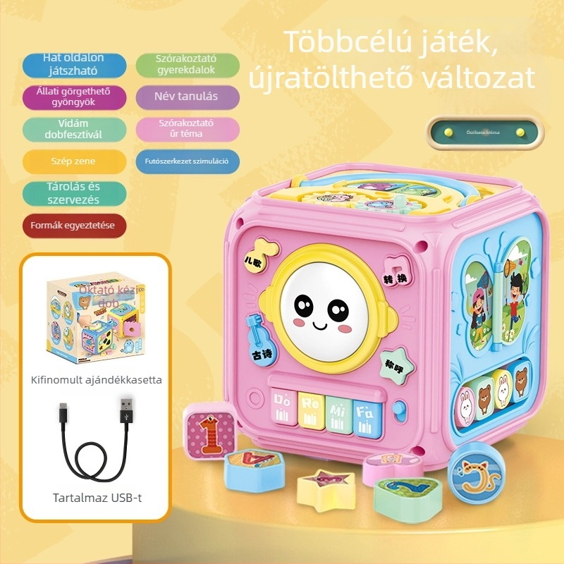 Baba zenés kézcsapkodó dobjáték – hatszögletű forma, műanyagból, Li-ion akkumulátorral működik, korai oktatás, 0–3 éveseknek