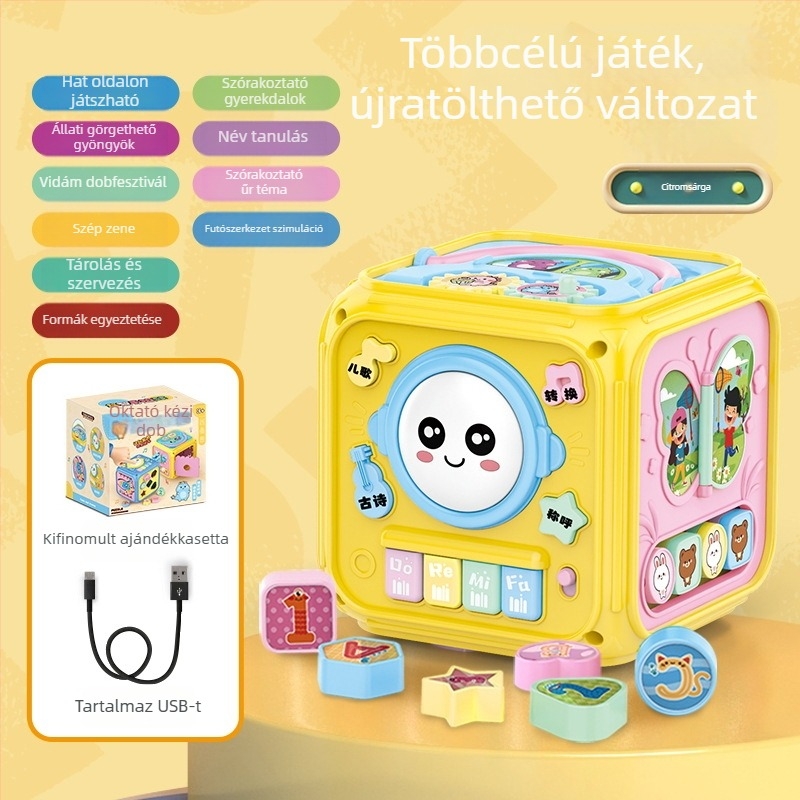 Baba zenés kézcsapkodó dobjáték – hatszögletű forma, műanyagból, Li-ion akkumulátorral működik, korai oktatás, 0–3 éveseknek