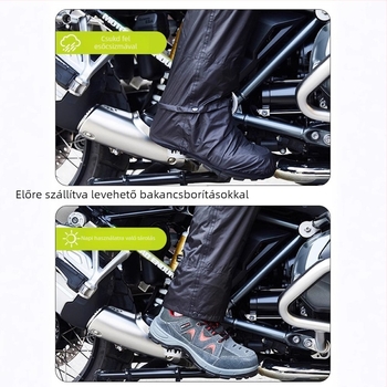 Motorkerékpár esőruha készlet: osztott esőkabát és esőnadrág, Oxford anyag, PU vízálló réteg, teljes test védelmet nyújtó