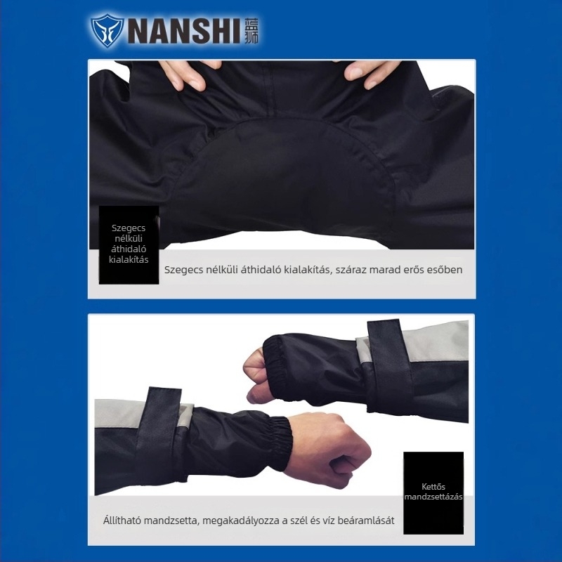 Motorkerékpár esőruha készlet: osztott esőkabát és esőnadrág, Oxford anyag, PU vízálló réteg, teljes test védelmet nyújtó