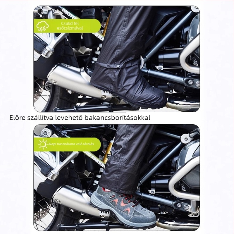 Motorkerékpár esőruha készlet: osztott esőkabát és esőnadrág, Oxford anyag, PU vízálló réteg, teljes test védelmet nyújtó