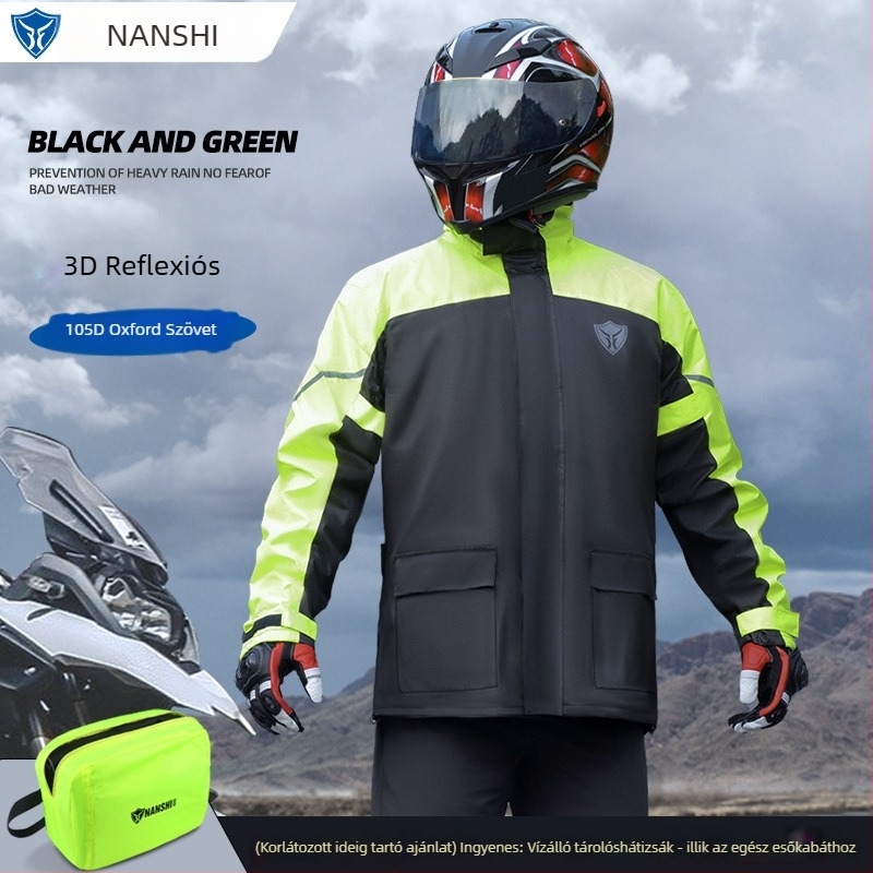 Motorkerékpár esőruha készlet: osztott esőkabát és esőnadrág, Oxford anyag, PU vízálló réteg, teljes test védelmet nyújtó