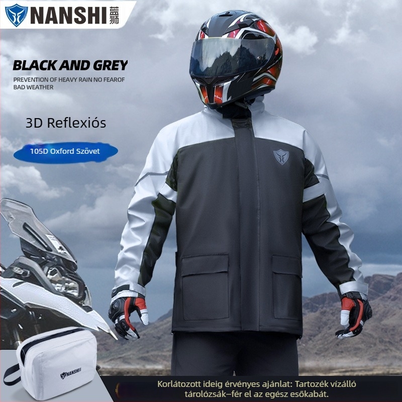 Motorkerékpár esőruha készlet: osztott esőkabát és esőnadrág, Oxford anyag, PU vízálló réteg, teljes test védelmet nyújtó