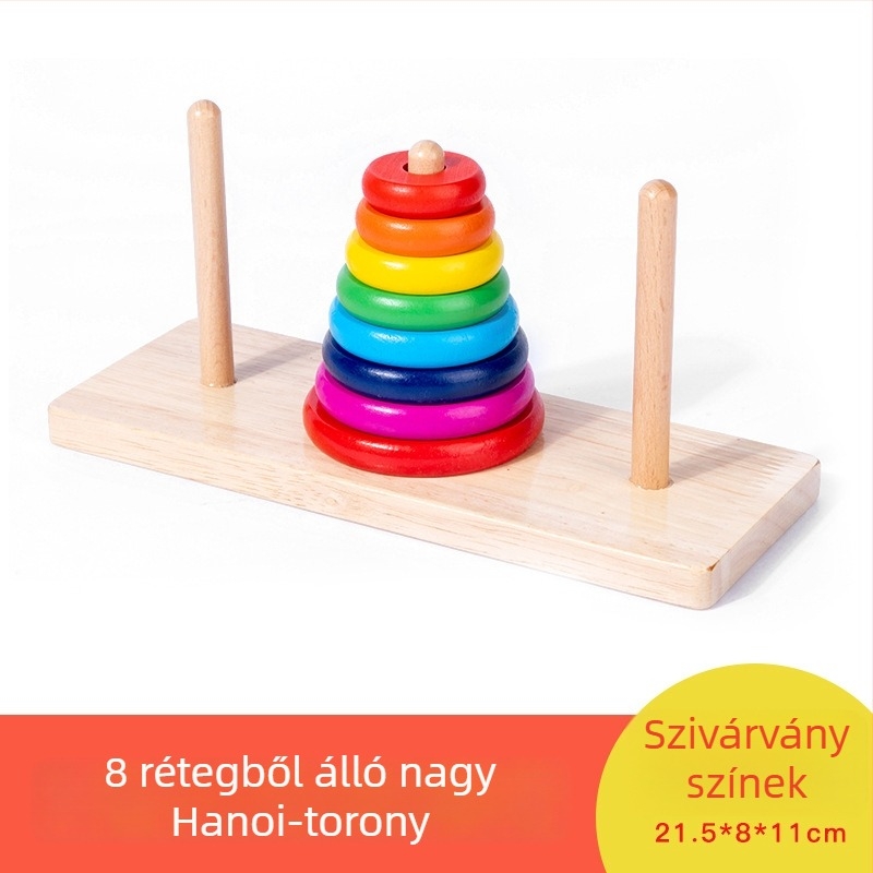 Fából készült Hanoi torony puzzle – Tíz szint, gyűrűzár, Kongming/Luban zár, 7–14 évesek, testreszabás elérhető