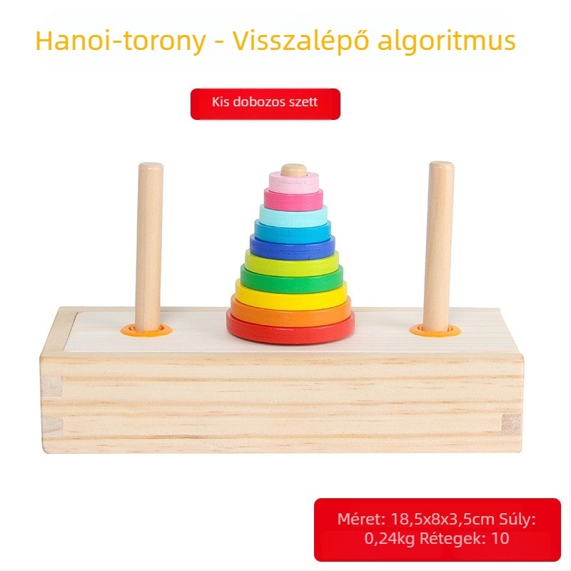 Fából készült Hanoi torony puzzle – Tíz szint, gyűrűzár, Kongming/Luban zár, 7–14 évesek, testreszabás elérhető