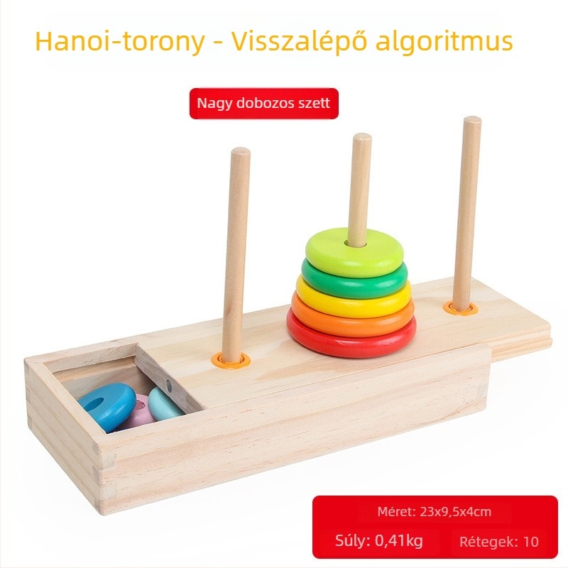 Fából készült Hanoi torony puzzle – Tíz szint, gyűrűzár, Kongming/Luban zár, 7–14 évesek, testreszabás elérhető