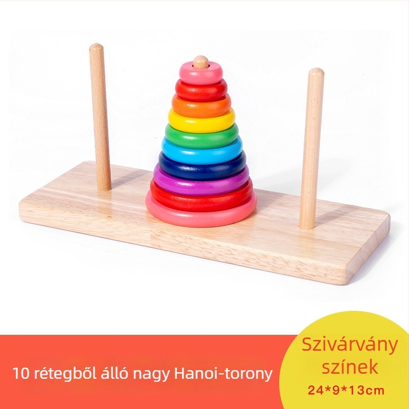 Fából készült Hanoi torony puzzle – Tíz szint, gyűrűzár, Kongming/Luban zár, 7–14 évesek, testreszabás elérhető