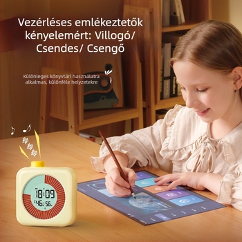 Iskolások önfegyelméért szolgáló csendes ébresztőóra időmérővel – elektronikus mozgás, LCD kijelző, négyzet alakú műanyag ház, elemről működik (Elektronikus mozgás, LCD kijelző, négyzet dizájn, műanyag ház, elemről működik)