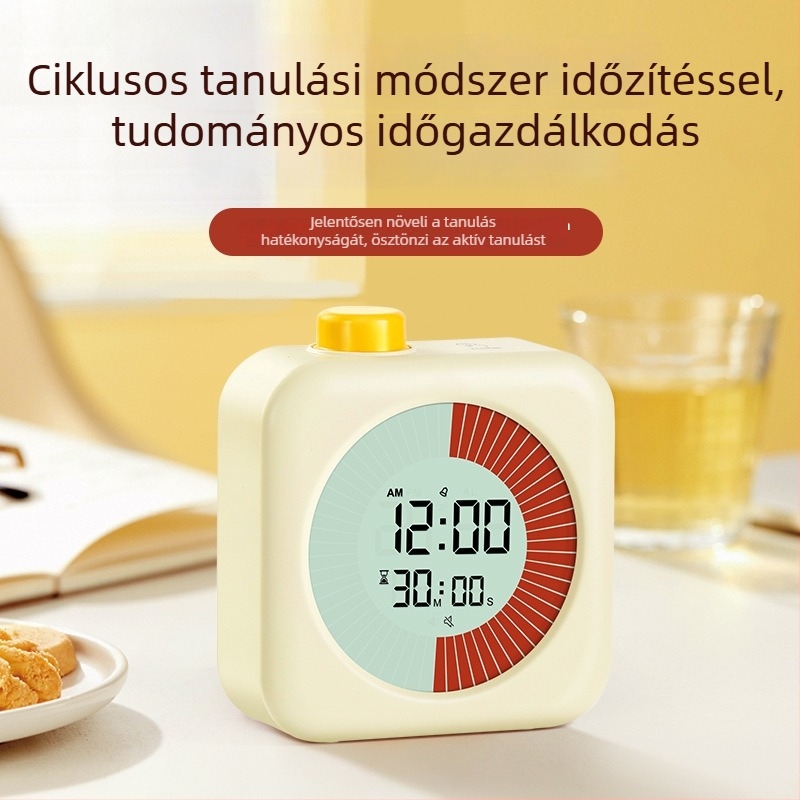 Iskolások önfegyelméért szolgáló csendes ébresztőóra időmérővel – elektronikus mozgás, LCD kijelző, négyzet alakú műanyag ház, elemről működik (Elektronikus mozgás, LCD kijelző, négyzet dizájn, műanyag ház, elemről működik)