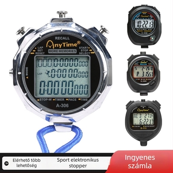 Elektronikus stopwatch dupla soros kijelzővel; fém test; 125 g; modell 5866; alkalmas futásra, röplabdára és úszásra.