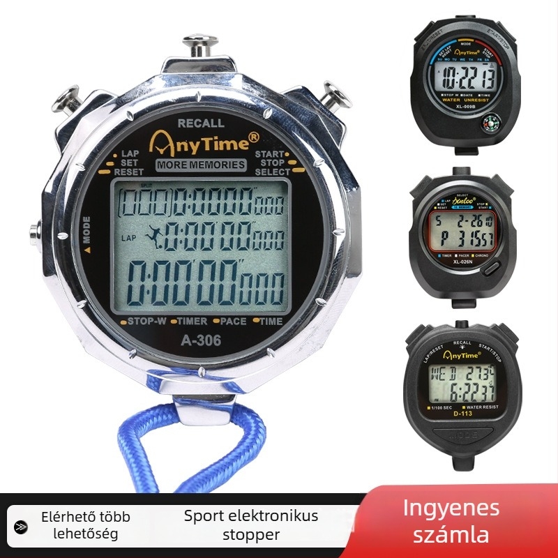 Elektronikus stopwatch dupla soros kijelzővel; fém test; 125 g; modell 5866; alkalmas futásra, röplabdára és úszásra.