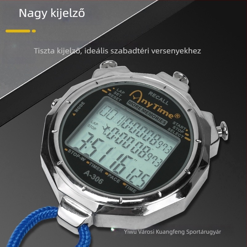 Elektronikus stopwatch dupla soros kijelzővel; fém test; 125 g; modell 5866; alkalmas futásra, röplabdára és úszásra.