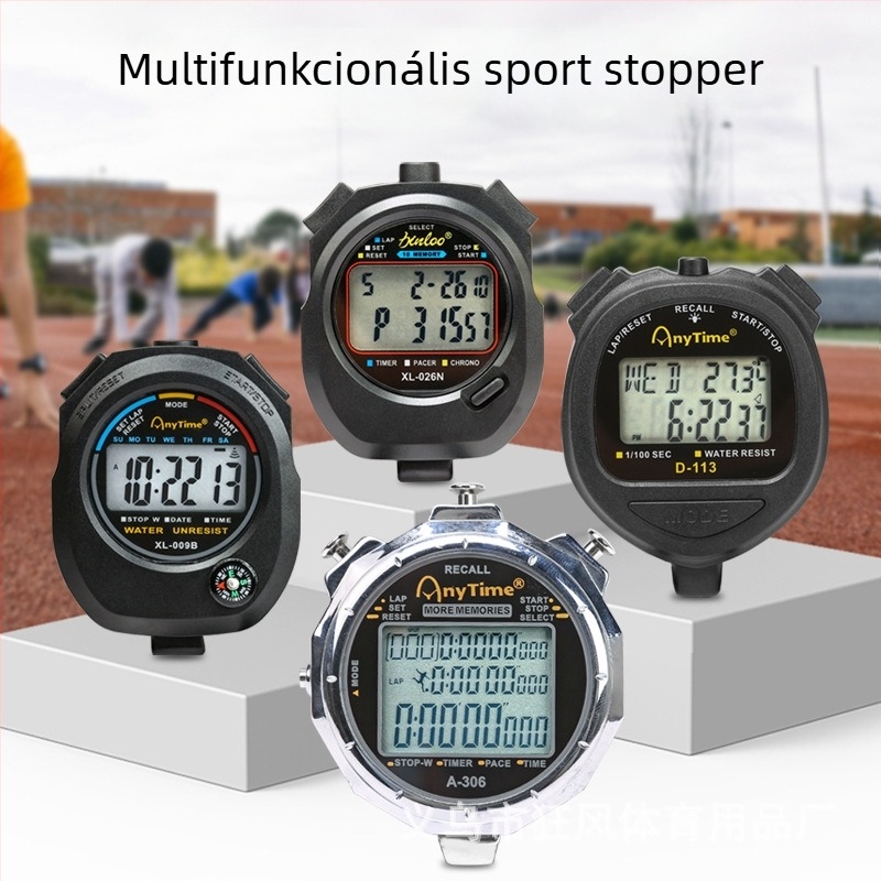 Elektronikus stopwatch dupla soros kijelzővel; fém test; 125 g; modell 5866; alkalmas futásra, röplabdára és úszásra.