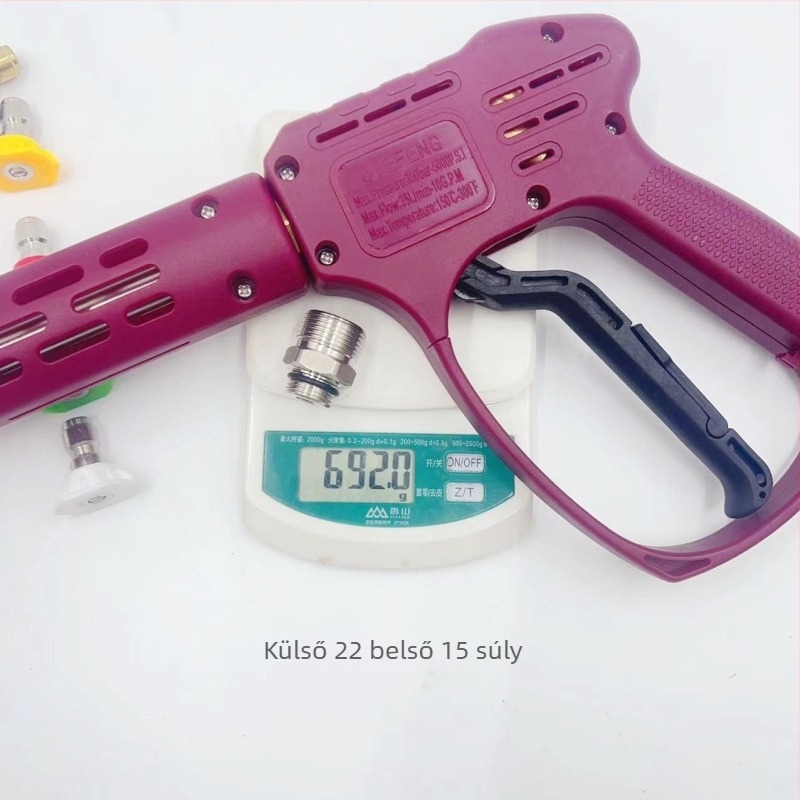 Nagy nyomású autómosó pisztoly réz fejjel és műanyag nyéllel, tömeg 2 kg