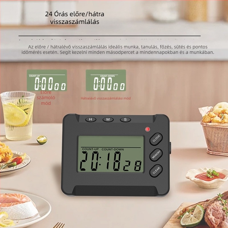 Digitális konyhai időmérő LCD kijelzővel, elektronikus működés, ABS ház, riasztás, mágneses rögzítés