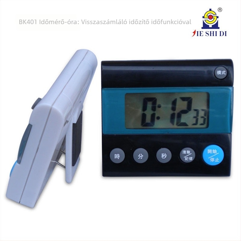 Digitális visszaszámláló időzítő ébresztéssel és kronográffal, LCD kijelző, négyszögletes műanyag ház, elemről működik