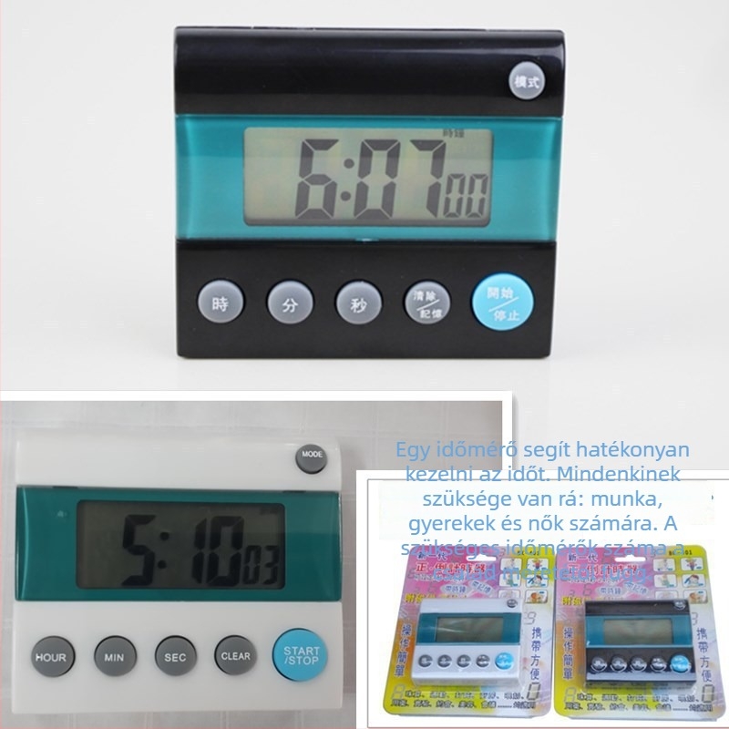 Digitális visszaszámláló időzítő ébresztéssel és kronográffal, LCD kijelző, négyszögletes műanyag ház, elemről működik