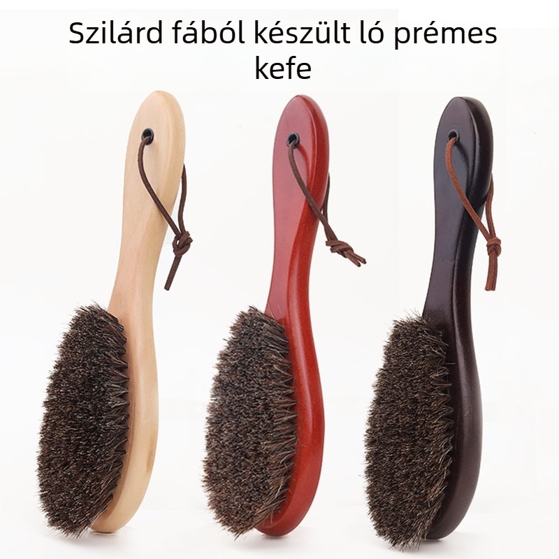 Cipőtisztító ecset hosszú fa nyéllel, lóhajból készült sörtékkel, tisztításra és fényesítésre