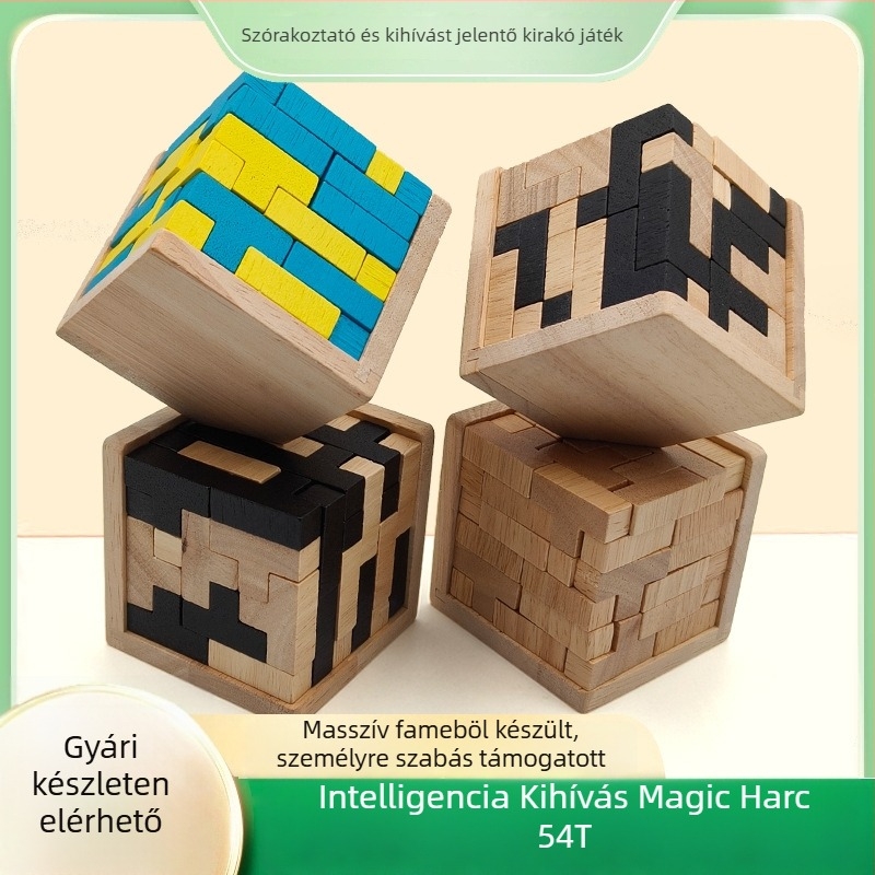 Fából készült Luban zár puzzle — 54T, Tetris ihletésű, 14+ korosztály, stresszoldó, bliszteres csomagolás
