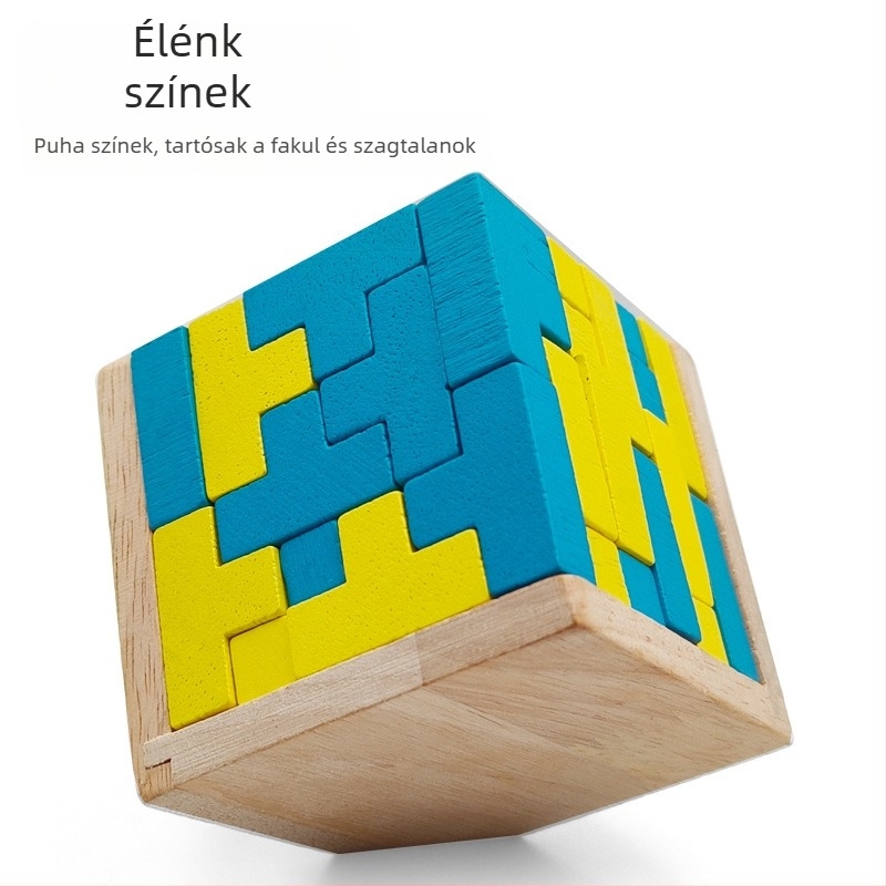 Fából készült Luban zár puzzle — 54T, Tetris ihletésű, 14+ korosztály, stresszoldó, bliszteres csomagolás