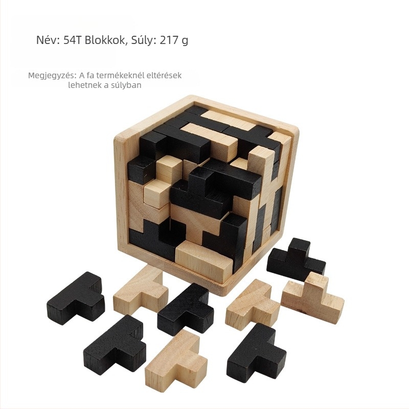 Fából készült Luban zár puzzle — 54T, Tetris ihletésű, 14+ korosztály, stresszoldó, bliszteres csomagolás