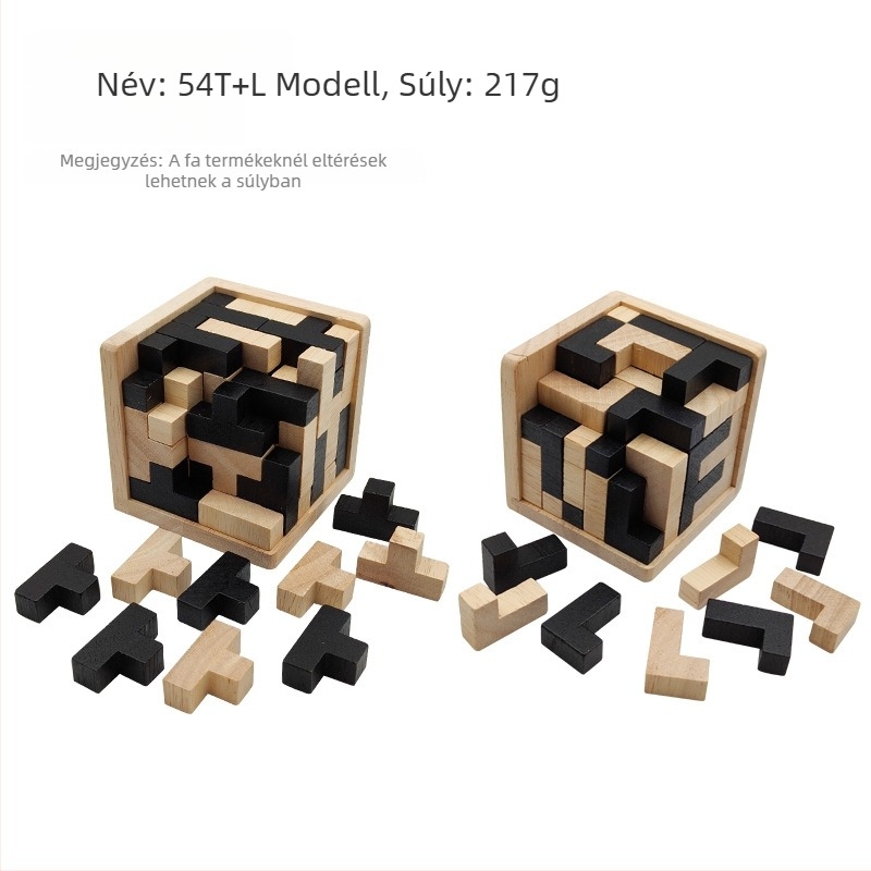 Fából készült Luban zár puzzle — 54T, Tetris ihletésű, 14+ korosztály, stresszoldó, bliszteres csomagolás